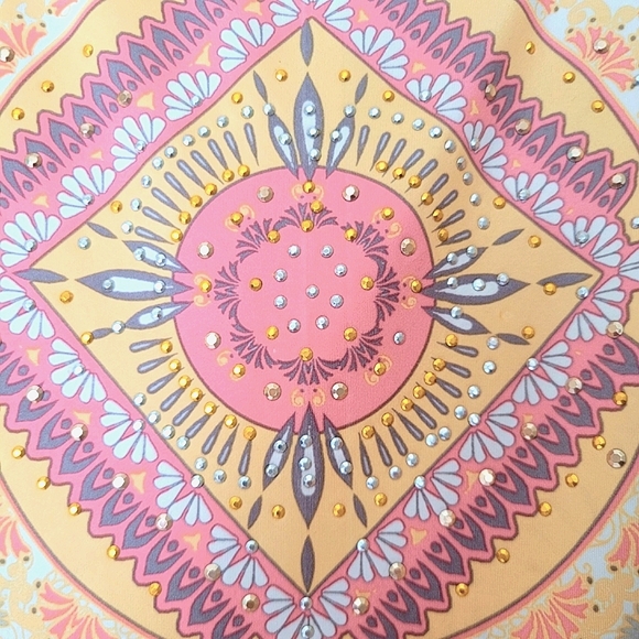 Style & Co Pink Gold Orange  Bohemian Print Scarf Blouse Large w/Flared Sleeves - Picture 6 of 6